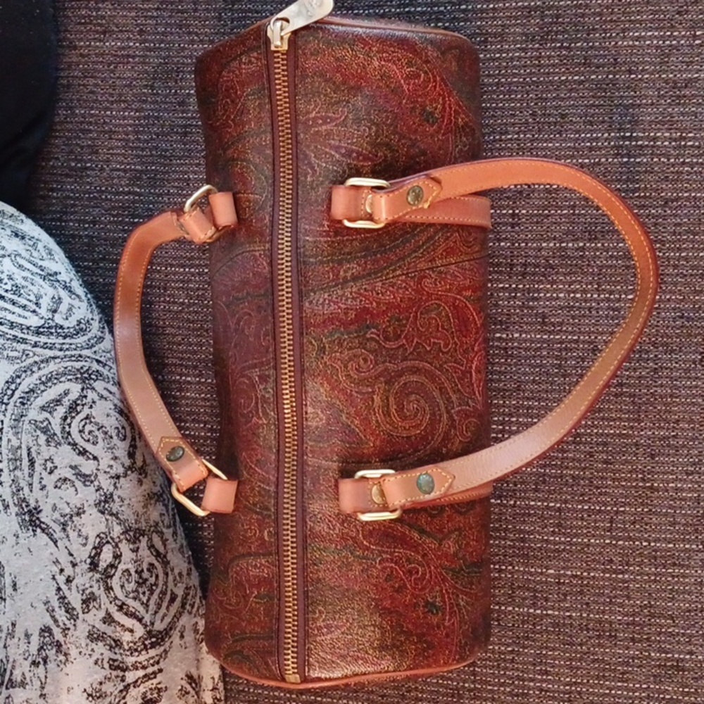👜ETRO BROWN PAISLEY PRINT COATED CANVAS BOSTON BAG - Picture 11 of 16